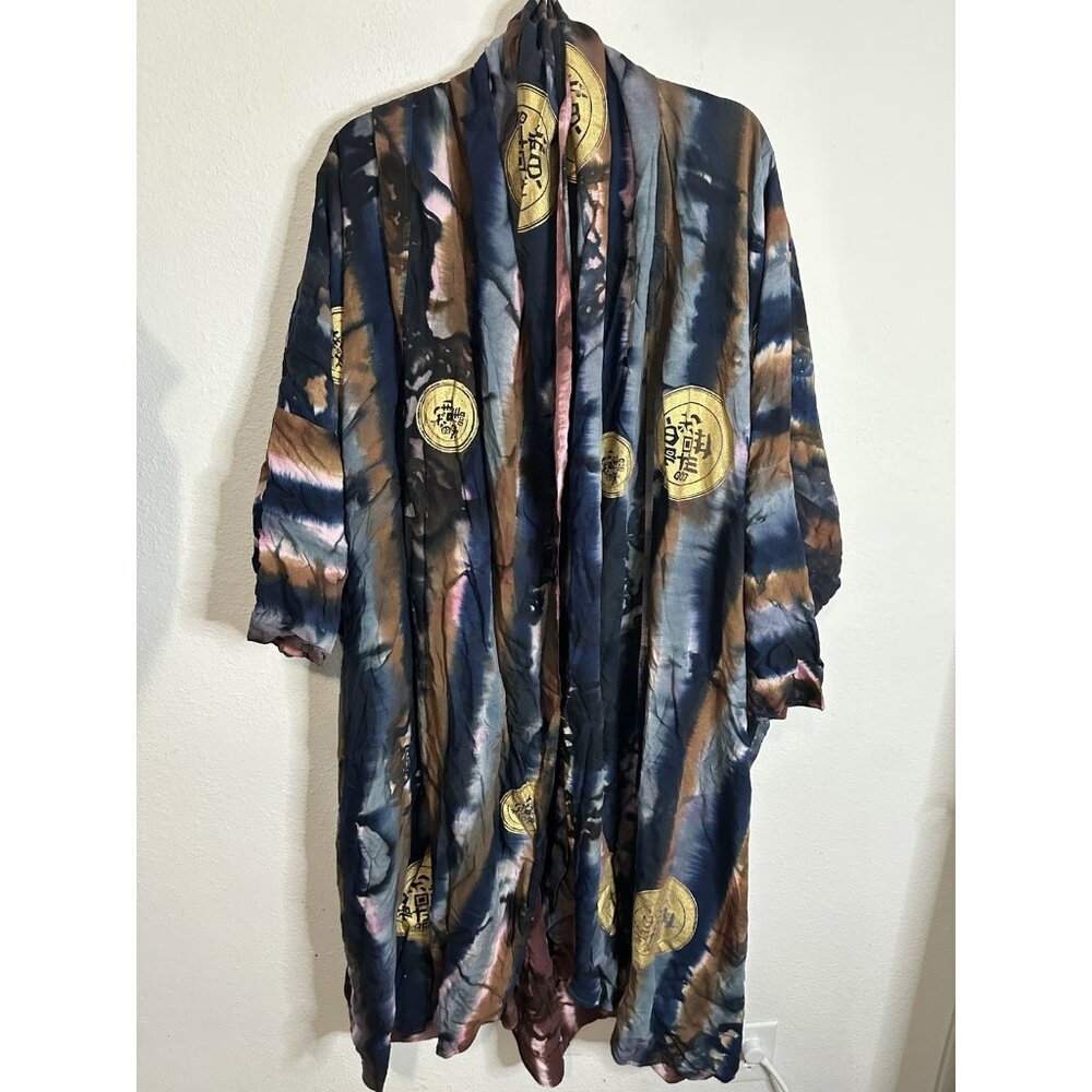 Ana Mori Vintage Kimono Robe Tie Dye Satin Duster Japan Style Lounge Wear OS